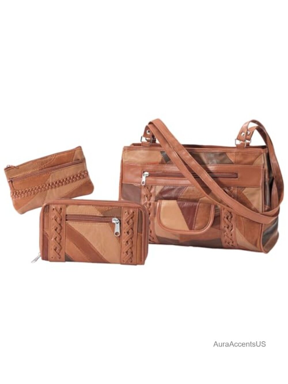 3-Piece Genuine Leather Satchel Handbag Wallet Coin Purse Set